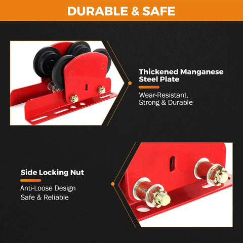 Electric Hoist Manual Trolley for 1.96 to 6.69 Inch I Beams Wide Flange 1 Ton Capacity, manganese steel, side view close-up.