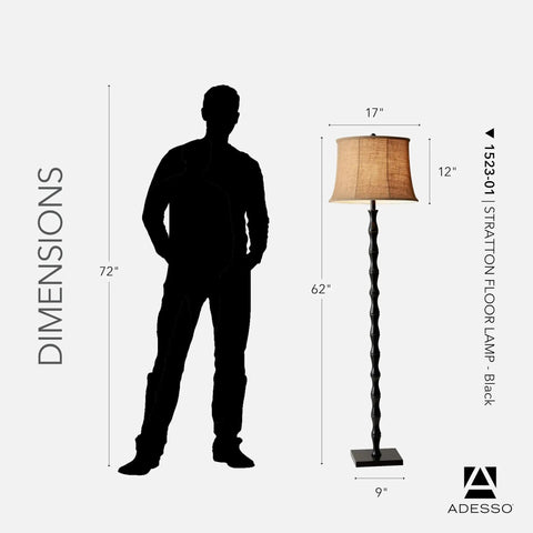 Black Floor Lamp With Brown Burlap Shade, 3 Way Dimming, 62 Inch Tall, next to silhouette for scale
