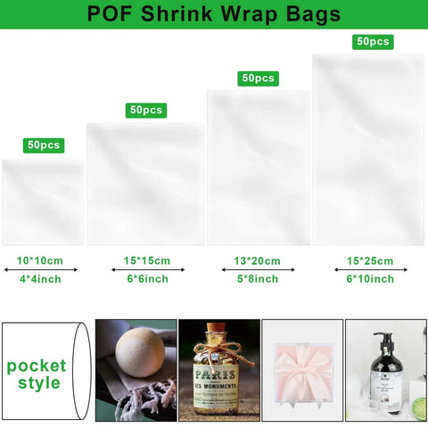 Two Hundred Piece Pack Of Slick Clear Heat Shrink Wrap Bags With Four Sizes for DIY crafting, shown in assorted sizes and counts.