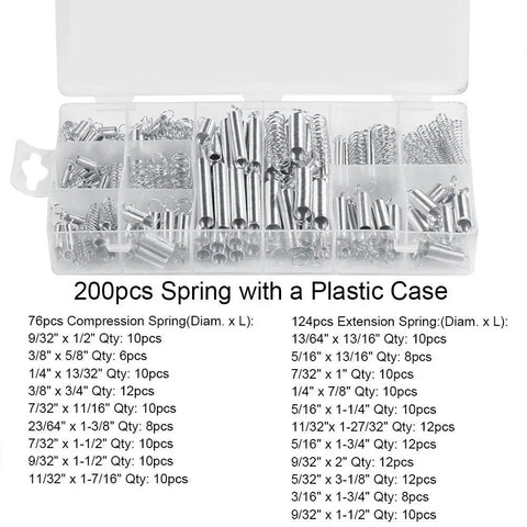 Ultimate 200 Piece Spring Assortment Kit with 20 Sizes Featuring Durable Extension And Compression Springs Plus Sturdy Plastic Box For Home DIY Repairs Vehicle Maintenance And Appliance Fixes, open case