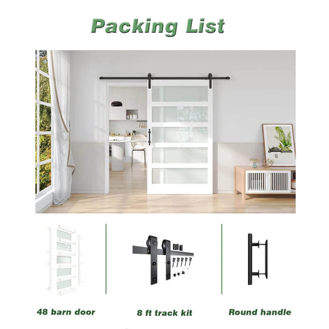 White Frosted Glass Barn Door 48 By 84 Inches With 96 Inch Sliding Hardware Kit Included And Handle PVC Surface Waterproof Simple To Clean Solid Wood Core With Durable MDF Needs Assembly Modern Farmhouse Style installed in a living room setting.