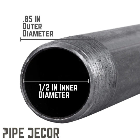Close-up of One Half Inch By One Inch Black Pipe Nipple Ten Pack Malleable Cast Iron showing inner and outer diameter