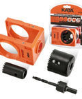 Pro Grade Door Lock Installation Kit With Adjustable Guide Template And Heavy Duty Hole Saws, includes drill bit and hole saws.