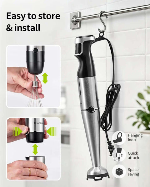 No Fuss Killer Handheld Immersion Blender With Pure Copper Motor and Variable Speed Controls hanging on a rack with accessories.