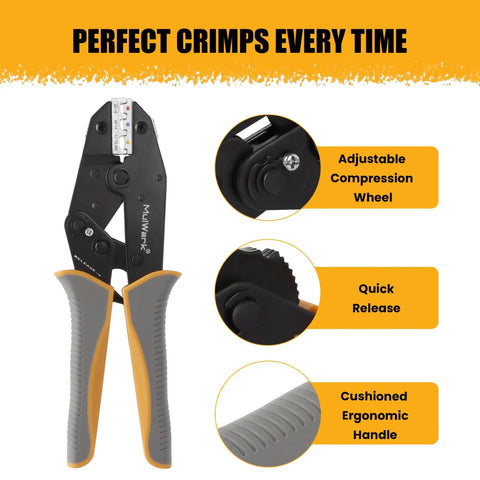 Heavy Duty Ratcheting Wire Crimper For Awg Heat Shrink Connectors Rock Solid Crimping Pliers with adjustable wheel.