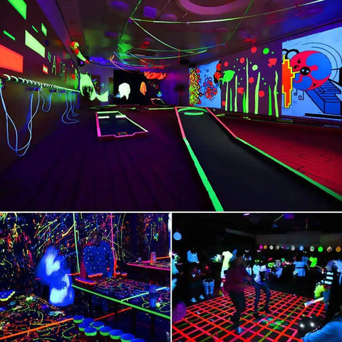 Neon UV Glow In The Dark Tape Set Six Color Party Ready Gaffer Cloth Adhesive Tape 0.6 Inch By 16.5 Feet For UV Party And Blacklight Projects, used in a colorful mini-golf and dance party scene under UV light.
