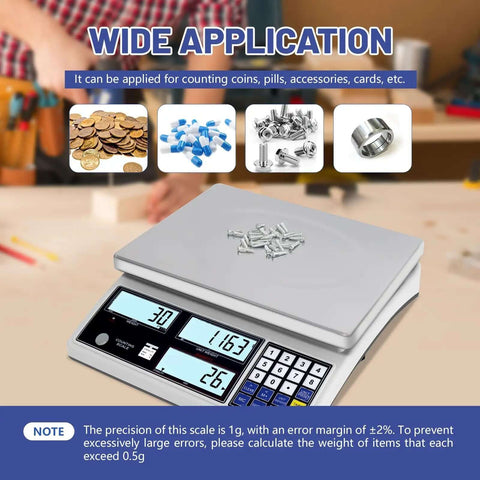 Heavy Duty Counting Scale For Small Parts 30kg 66lb Capacity, 1g Precision, Switchable Modes on workbench with items