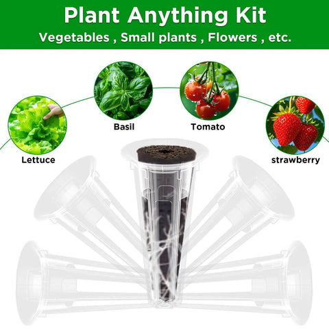 50 Pack Hydroponic Grow Baskets For Indoor Garden Systems, focus on clear plastic basket with plant graphics overhead.