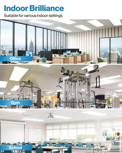 Premium 2 Pack Led Ceiling Panels 2x4 Flush Mount Light Fixtures With Triple CCT Adjustable Color Temperature And Smooth Zero To Ten Dimming in office, gym, and school settings.