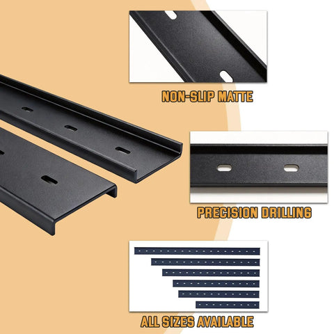 Badass Heavy Duty C Channel Steel Braces For Live Edge Tabletop Slabs Hidden Metal Support Brackets With Flexible Six Hole Mount showcasing precision drilled black powder coated steel.