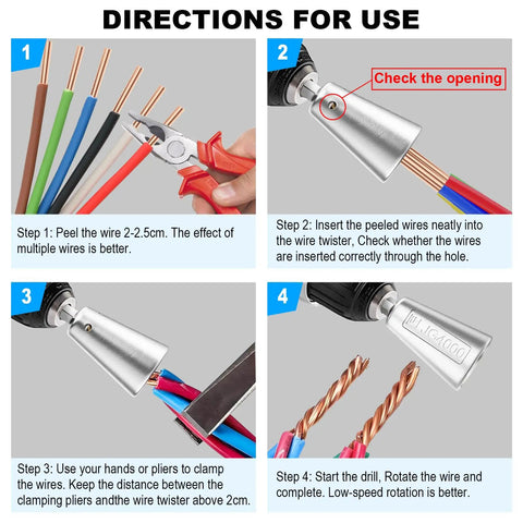 Pro Grade Drill Wire Twister Tool With 6MM Hex Shank for wire twisting and stripping, shown in step-by-step use process