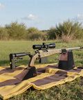 Combo Front And Rear Shooting Rest Bag With Soft Leather Upper And Durable Canvas Base supporting a rifle in outdoor setting