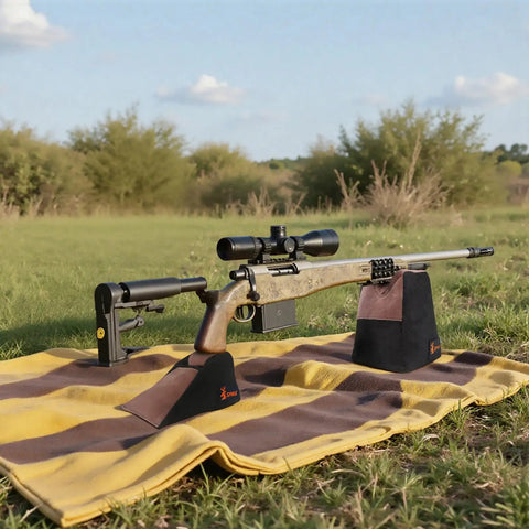 Combo Front And Rear Shooting Rest Bag With Soft Leather Upper And Durable Canvas Base supporting a rifle in outdoor setting