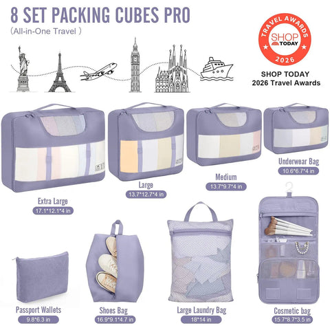 8 Piece Packing Cubes Set For Travel Essentials In Four Sizes, shown with laundry and shoes bag, purple color