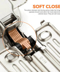 Close-up of Concealed Full Overlay Cabinet Hinges 105 Degree Soft Close 4 Pack, showing spring mechanism and metal finish.