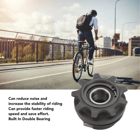 9T 12mm Freewheel for Folding Bikes Single Speed Cog Sprocket in foreground with cyclist riding on city bridge in background