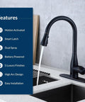 Touchless Kitchen Faucet With Pull-Down Sprayer In Matte Black with hands-free motion sensor next to feature list on counter
