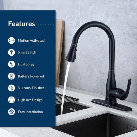 Touchless Kitchen Faucet With Pull-Down Sprayer In Matte Black with hands-free motion sensor next to feature list on counter