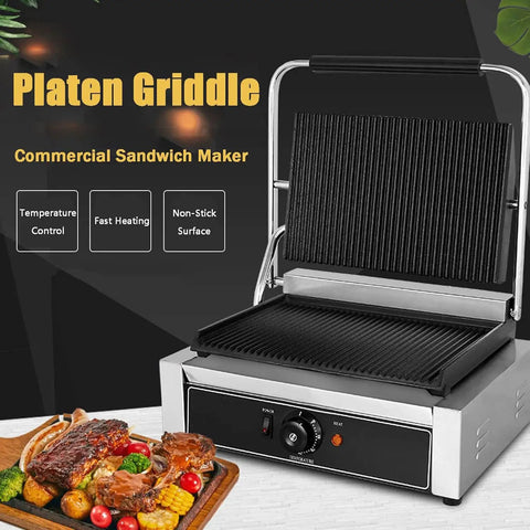 Judyssy Electric Panini Grill And Sandwich Press With Non Stick Plates, stainless steel, adjustable temperature control, commercial use.
