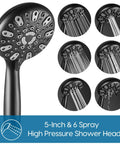 Matte Black Shower Faucet Set With Valve Included, 6 Setting Handheld Sprayer, close-up showing spray options, easy install