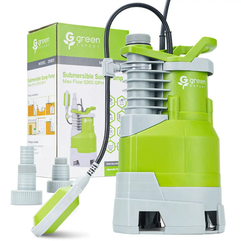 Boss Level 1.5HP Submersible Sump Pump With 5000 GPH Flow, 25 Ft Cord, Manual And Automatic On Off, green design with box