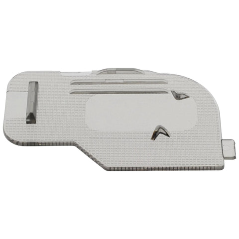 Front view of silver metal bobbin cover plate for Brother and Babylock sewing machines (XC2369051).