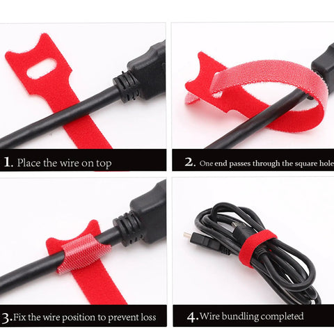 Instructions on using the 80 Pack Reusable Cable Labels And Cord Organizer Kit with red ties securing a black cable