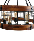 Farmhouse Chandelier For Dining Room And Kitchen Island, 5 Light Rustic Round Wood And Metal Lighting Fixture close-up