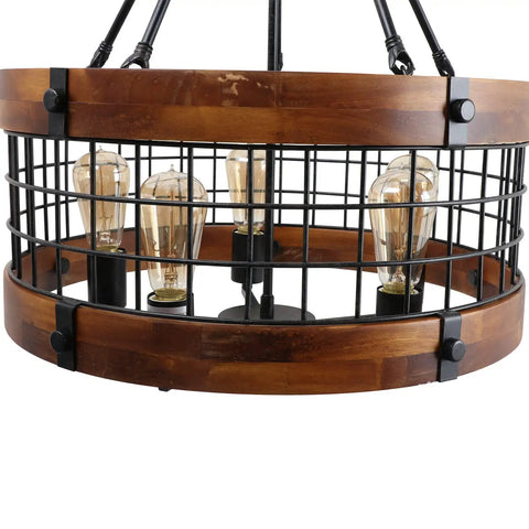 Farmhouse Chandelier For Dining Room And Kitchen Island, 5 Light Rustic Round Wood And Metal Lighting Fixture close-up