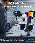 Engineer using thermal imaging camera adapter on microscope for PCB inspection, showcasing Dope Thermal Imaging Camera for iOS and Android.