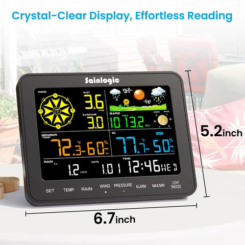 12-in-1 Wireless Weather Station SA6 With Rain Gauge, Wind Speed, Weather Forecast, Humidity, Air Pressure, Alarm Clock, No WiFi, 6.5 Inch Color Display With Adjustable Backlight, black digital unit