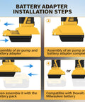 Battery adapter installation steps for On The Go Tire Inflator With Auto Shut Off And 160 PSI, compatible with Dewalt and Milwaukee batteries.