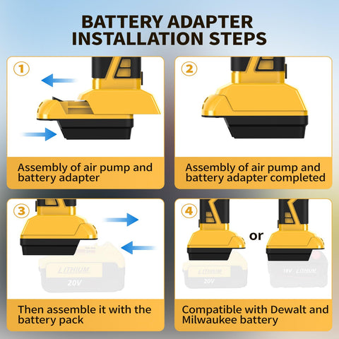 Battery adapter installation steps for On The Go Tire Inflator With Auto Shut Off And 160 PSI, compatible with Dewalt and Milwaukee batteries.