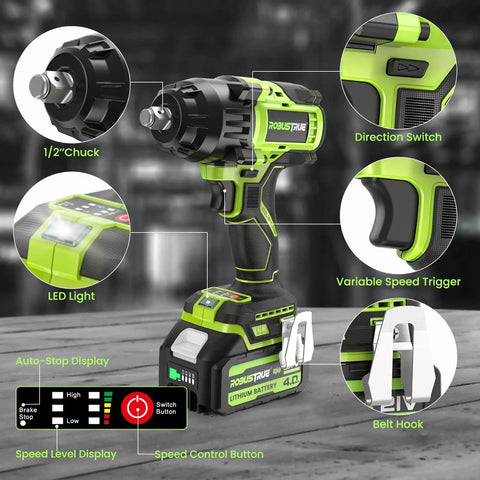 Heavy Duty Cordless Impact Wrench Delivers 1000 Nm Torque And 738 ft-lbs for fast tire swaps and tough DIY auto work features speed control buttons and LED light.