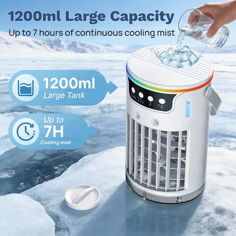 Four In One Portable Evaporative Air Cooler With Ice Water Cooling Mist, 1200ml water tank shown with pouring action
