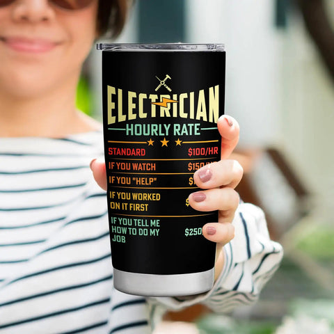 Woman holding Electrician Gift For Men 20oz Travel Coffee Tumbler Mug With Meaningful Script Electrical Engineer Gift For Dad Husband