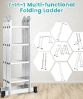 7 In 1 Folding Ladder With 15 Foot Reach Aluminum Construction For Indoor And Outdoor Use Multi Position A Frame Scaffold Stairway Platform Overhang M Shape Non Slip Feet Safety Lock Heavy Duty Frame 330 Pound Capacity folded aluminum ladder showing 7 positions
