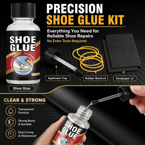 Clear Waterproof Shoe Glue For Sole Repair 30g Quick Dry Flexible Strong Adhesive Kit with applicator, rubber bands, and sandpaper