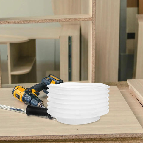 Heavy Duty Hole Saw Dust Bowl Catcher on workshop table, designed to clamp tight to bits and sweep chips away fast.