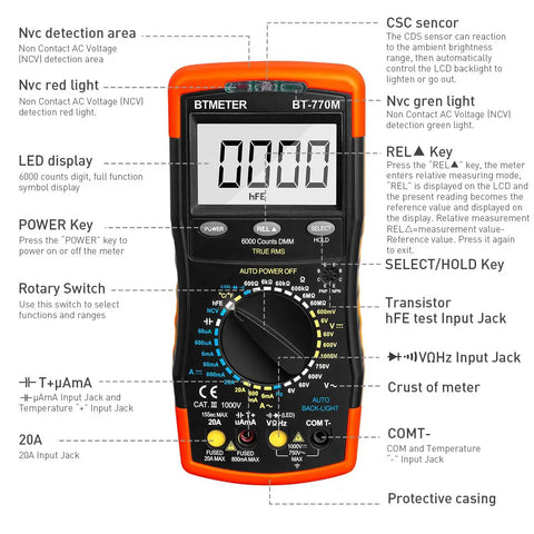 Front view of 6000-Count True RMS Digital Multimeter With Auto And Manual Ranging, Durable Electrical Meter, labeled features visible