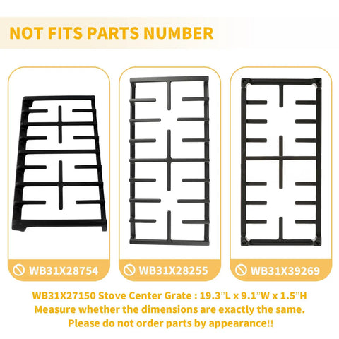 Image showing three different stove center grates marked as 'not fits' for specific part numbers.