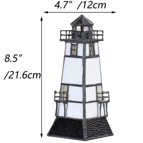 Lighthouse Tiffany Style Stained Glass Accent Table Lamp Night Light With Lookout Platform For Home Decor 5x5x9 Inch Brown LED 2700K