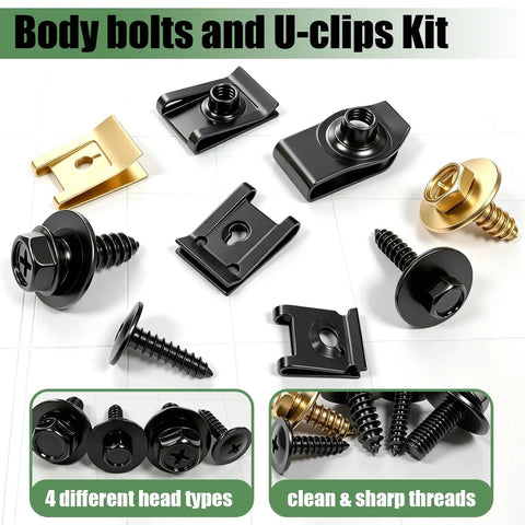 Body bolts and U-clip assortment showing different head types, clean threads in 60 Piece Universal Heavy Duty U Nut Clips And Body Bolt Screw Fastener Assortment Kit Ten Size Mix For Auto Car Fender Liner Bumper And Shield No Stress Wrench Fix.