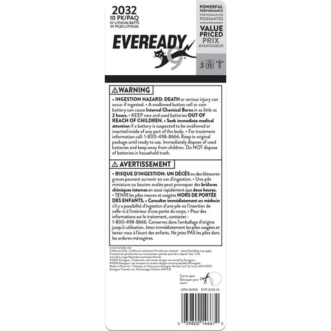 Top Shelf Cr2032 3V Lithium Coin Batteries 10 Pack for safety information and usage instructions on back packaging.