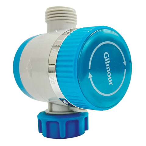 Single Outlet Water Timer for Garden Hose with 1 to 120 Minute Run Time, blue and white, swivel fittings, front view