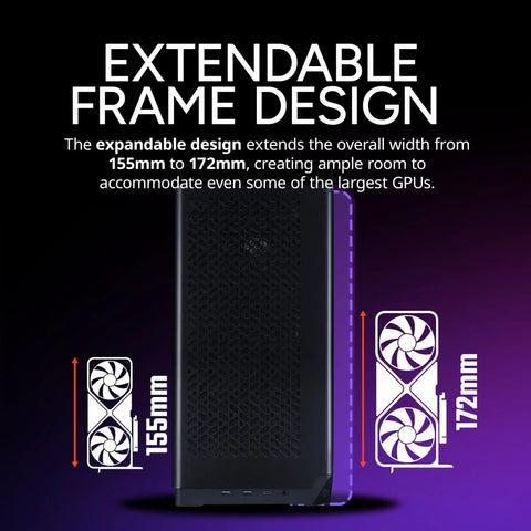 Expandable frame design of NCORE 100 Air S Mini ITX Case, showcasing width adjustment from 155mm to 172mm for larger GPUs.