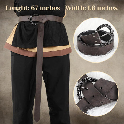 Adjustable Medieval Sword Belt Frog For Right Hand on mannequin, 67 inches long, 1.6 inches wide, detail of black buckle