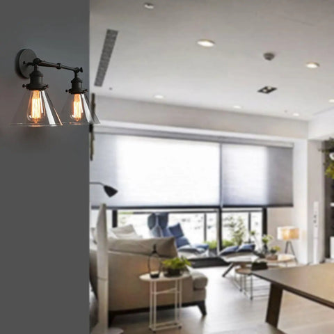 Two Light Industrial Wall Sconce In Antique Black With 7.3 Inch Cone Clear Glass Shade 180 Degree Adjustable E26 Base Compatible With LED Incandescent CFL Halogen Bulbs Bulbs Not Included Handmade Glass Lampshade