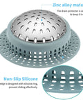 Straight Up Solid Zinc Alloy Bathtub Drain Hair Catcher With Non Slip Silicone Grip, showing zinc construction and silicone grip.