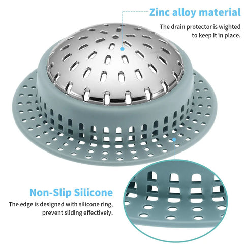 Straight Up Solid Zinc Alloy Bathtub Drain Hair Catcher With Non Slip Silicone Grip, showing zinc construction and silicone grip.